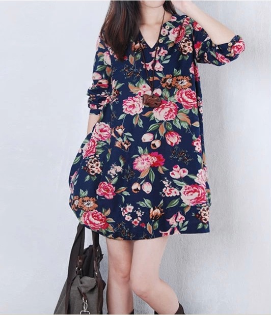 WD4827 Floral Dress Dark Blue