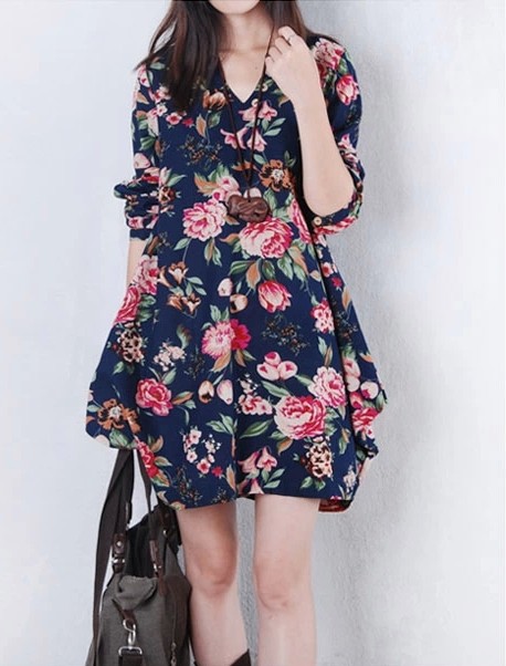 WD4827 Floral Dress Dark Blue