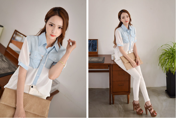 WT6189 Stylish Collar Top Blue