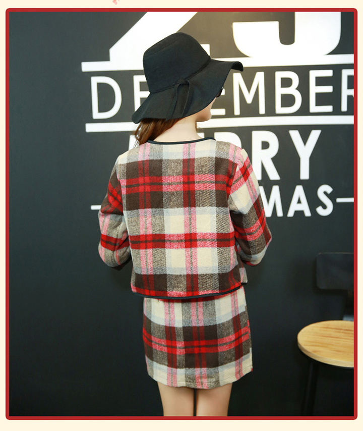 WJ6472 Checker Cardigan and Skirt Almond (1 Set)