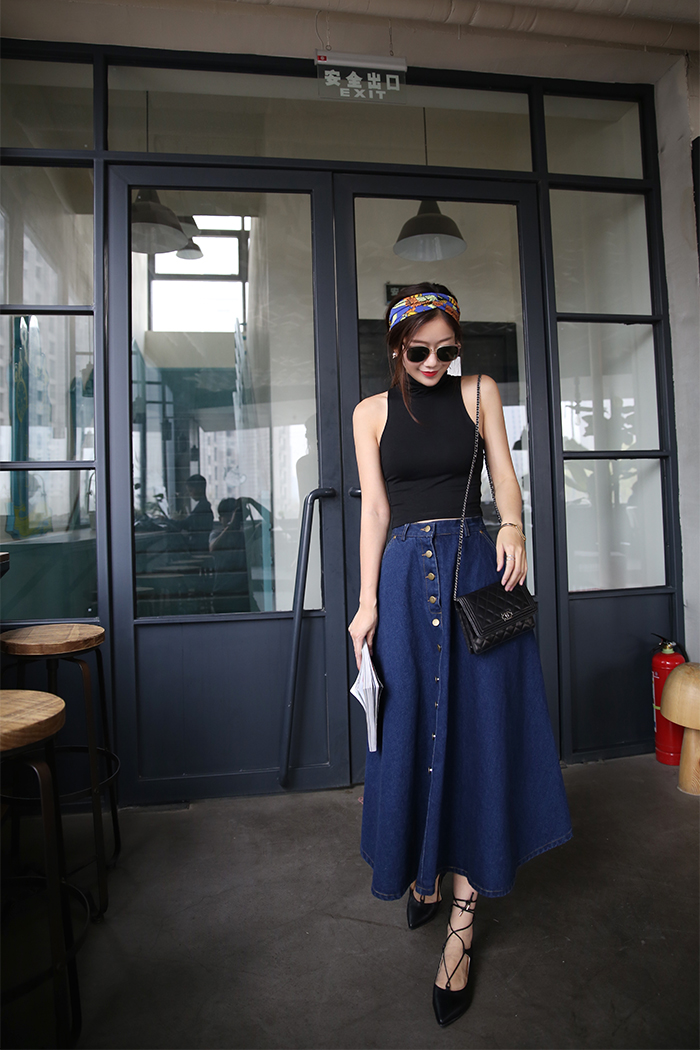 WK3701 Stylish Denim Skirt Dark Blue