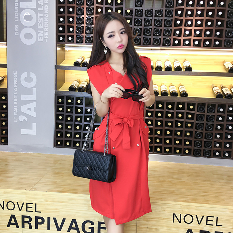 WJ7043 Sleeveless Long Coat Red 