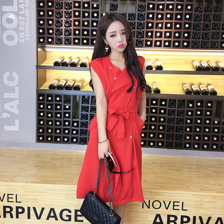 WJ7043 Sleeveless Long Coat Red 