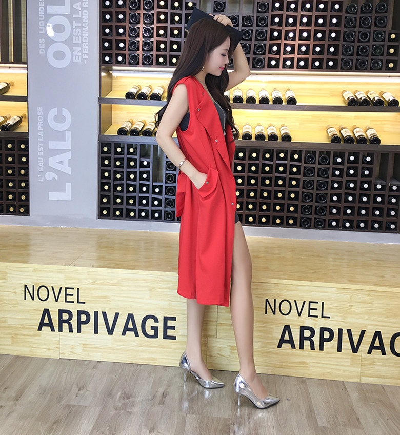 WJ7043 Sleeveless Long Coat Red 