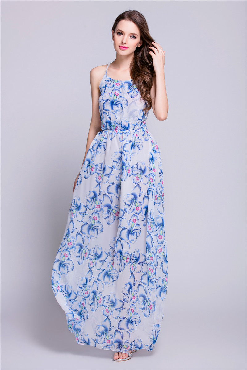 WD7140 Sexy Chiffon Maxi Dress Blue