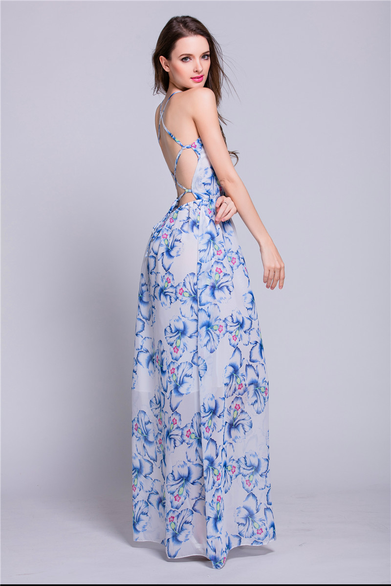 WD7140 Sexy Chiffon Maxi Dress Blue