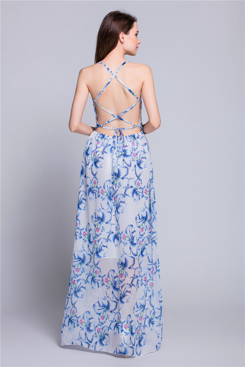 WD7140 Sexy Chiffon Maxi Dress Blue