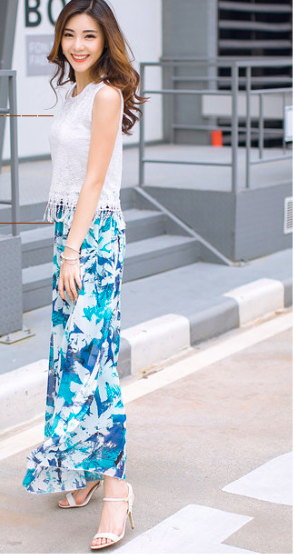 WP7182 Chiffon Floral Pant Blue