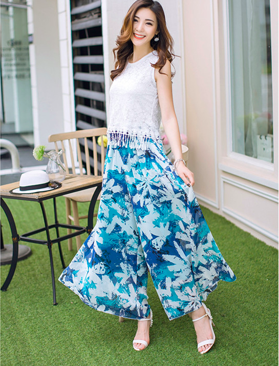 WP7182 Chiffon Floral Pant Blue