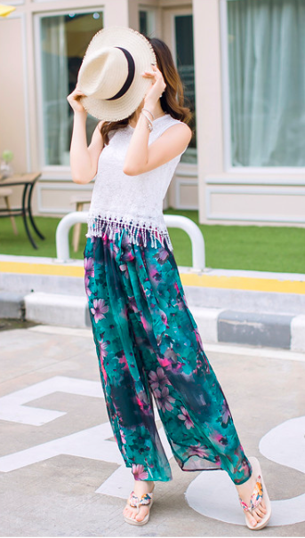 WP7182 Chiffon Floral Pant Green