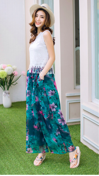 WP7182 Chiffon Floral Pant Green