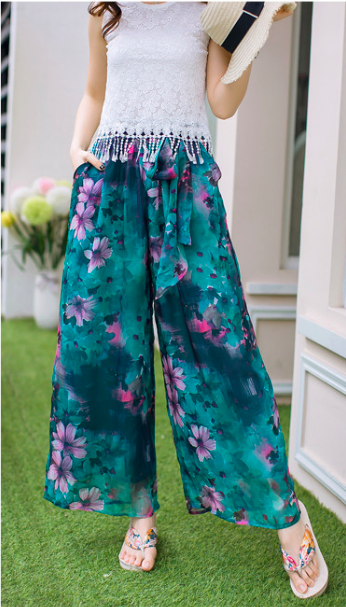 WP7182 Chiffon Floral Pant Green