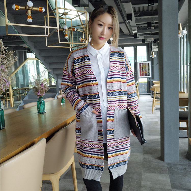 WJ7300 Abstract Long Cardigan Grey