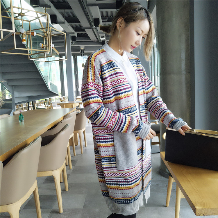 WJ7300 Abstract Long Cardigan Grey