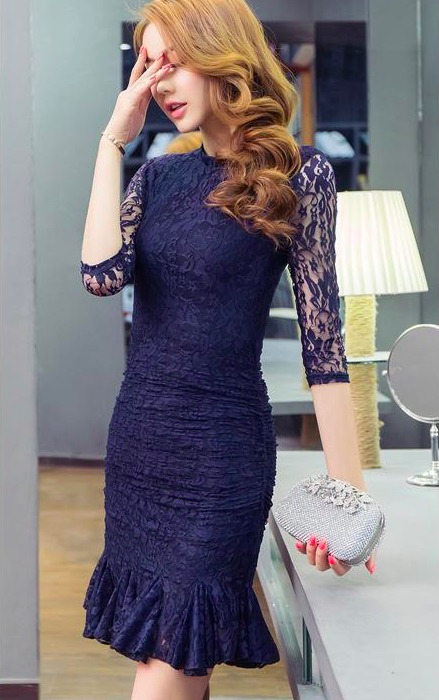 WD7379 Elegant Lace Dress Blue