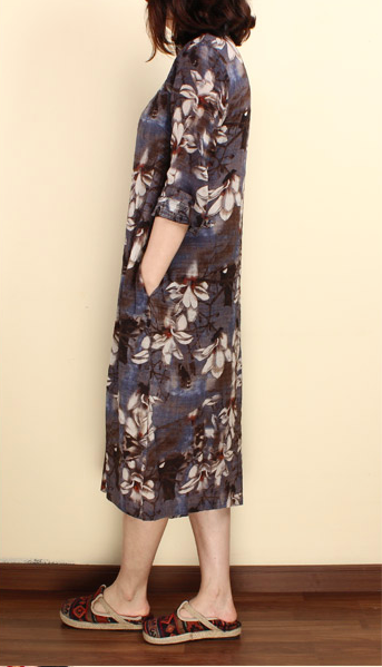 WD7426 Floral Dress Dark Blue