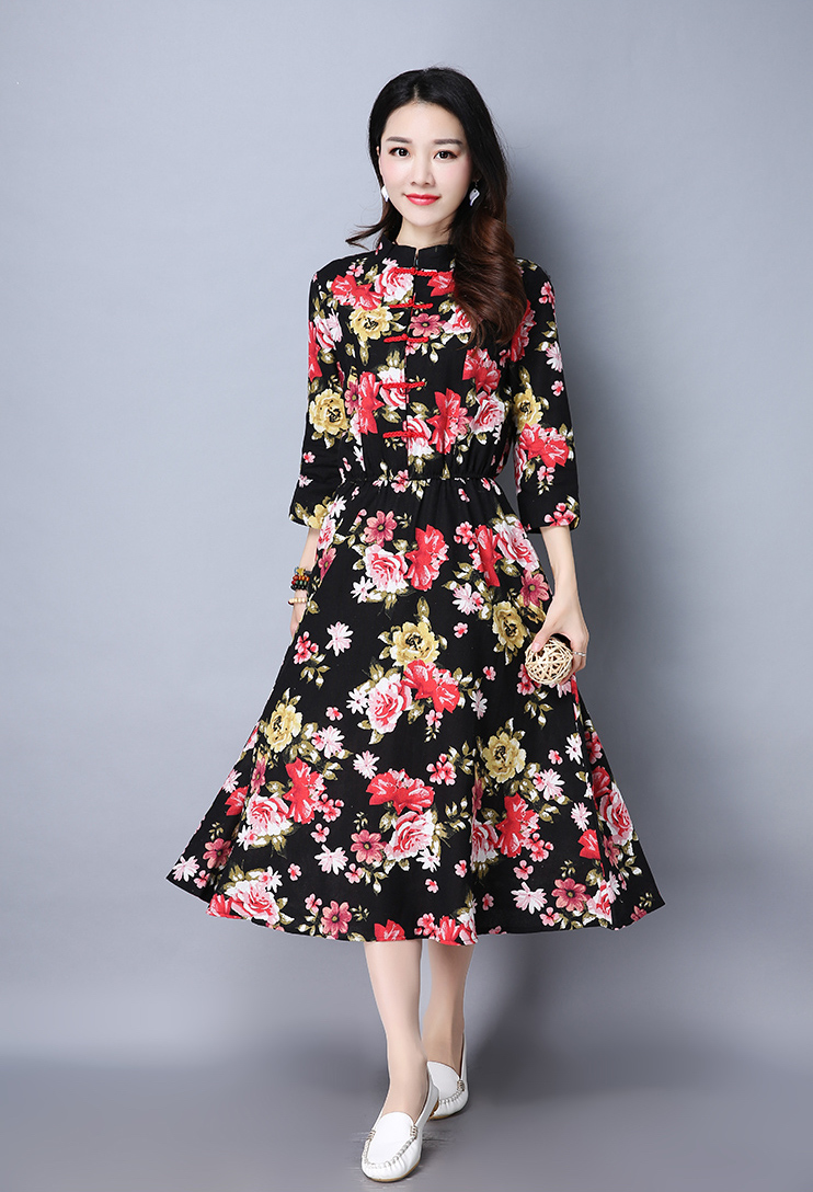 WD7496 Elegant Floral Dress Black