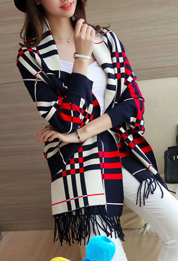 WJ3791 Checker Cardigan Blue