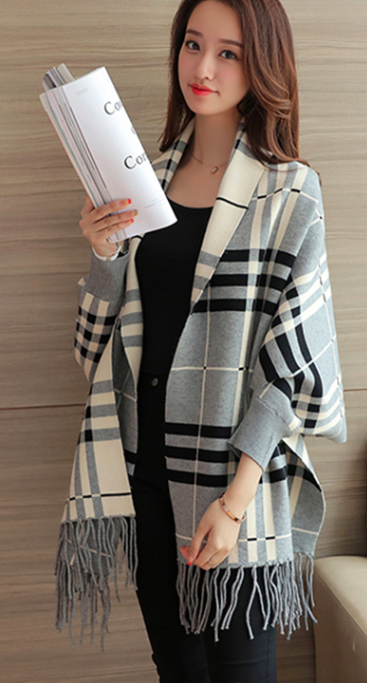 WJ3791 Checker Cardigan Grey