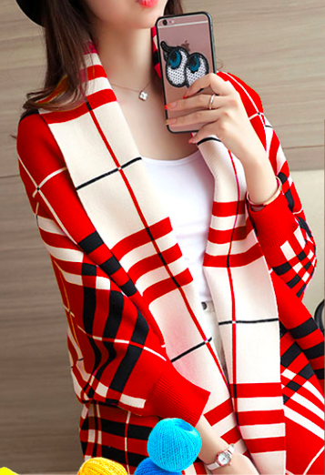 WJ3791 Checker Cardigan Red