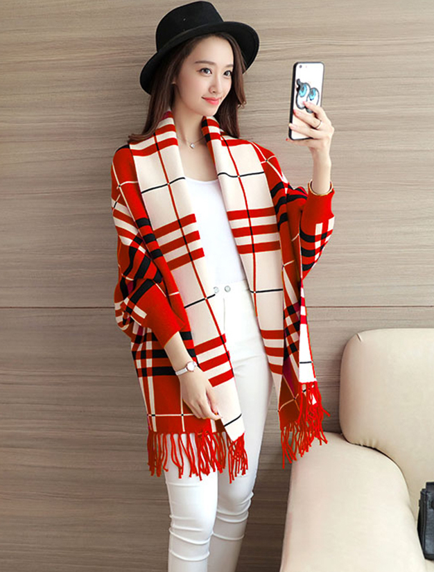 WJ3791 Checker Cardigan Red