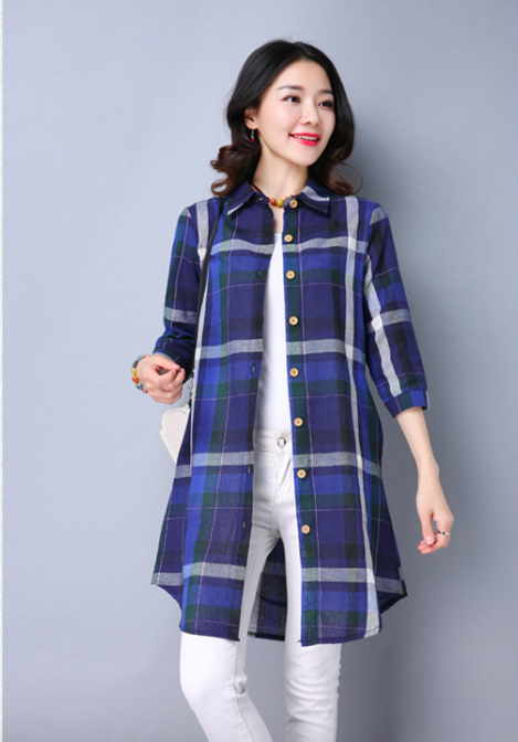 WT7533 Checker Long Top Blue