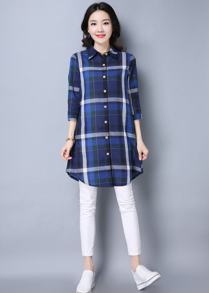 WT7533 Checker Long Top Blue