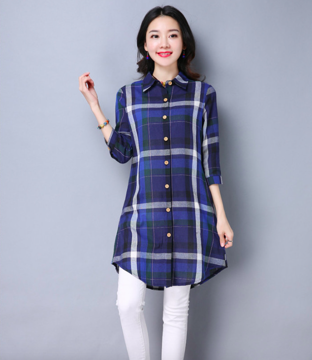 WT7533 Checker Long Top Blue