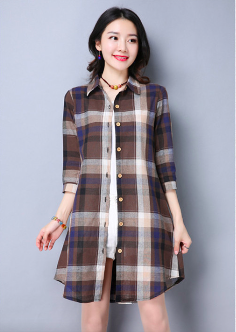 WT7533 Checker Long Top Brown