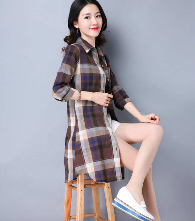 WT7533 Checker Long Top Brown