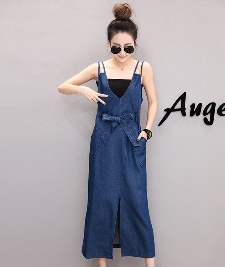 WD7569 Fashion Denim Dress Blue