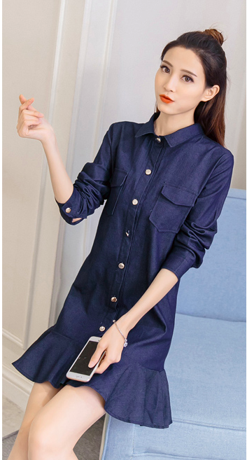 WD7574 Fashion Denim Dress Dark Blue