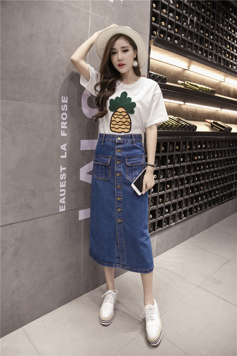 WK7592 Denim Long Skirt Dark Blue