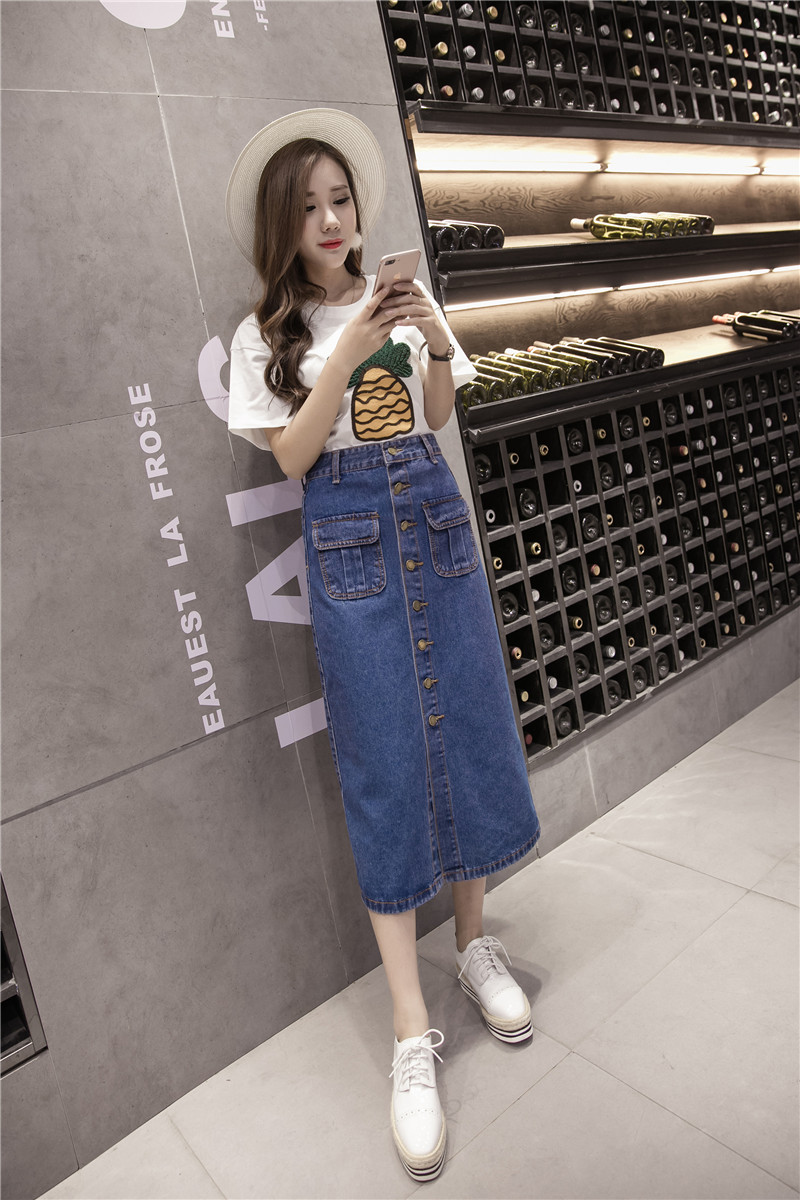 WK7592 Denim Long Skirt Dark Blue