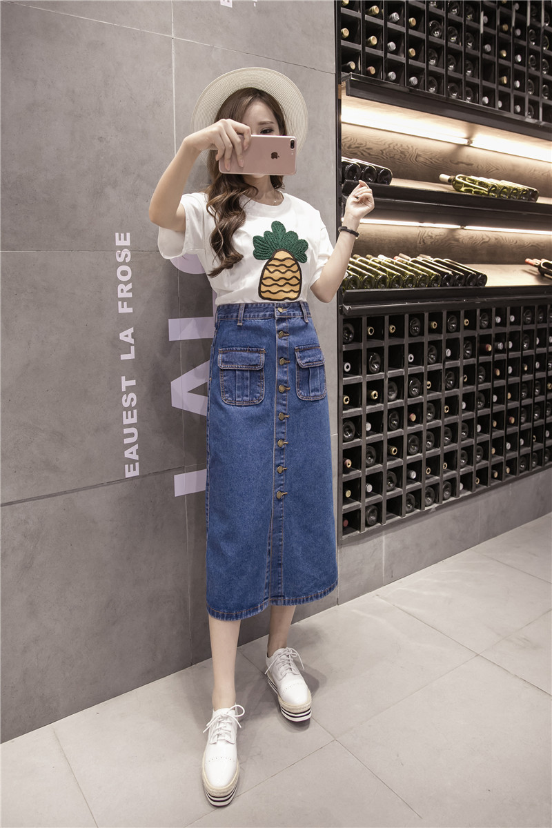 WK7592 Denim Long Skirt Dark Blue