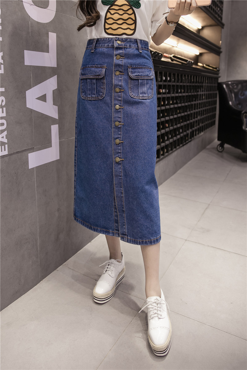 WK7592 Denim Long Skirt Dark Blue