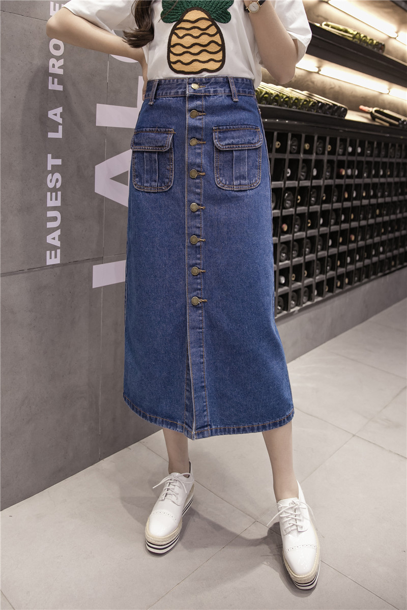 WK7592 Denim Long Skirt Dark Blue