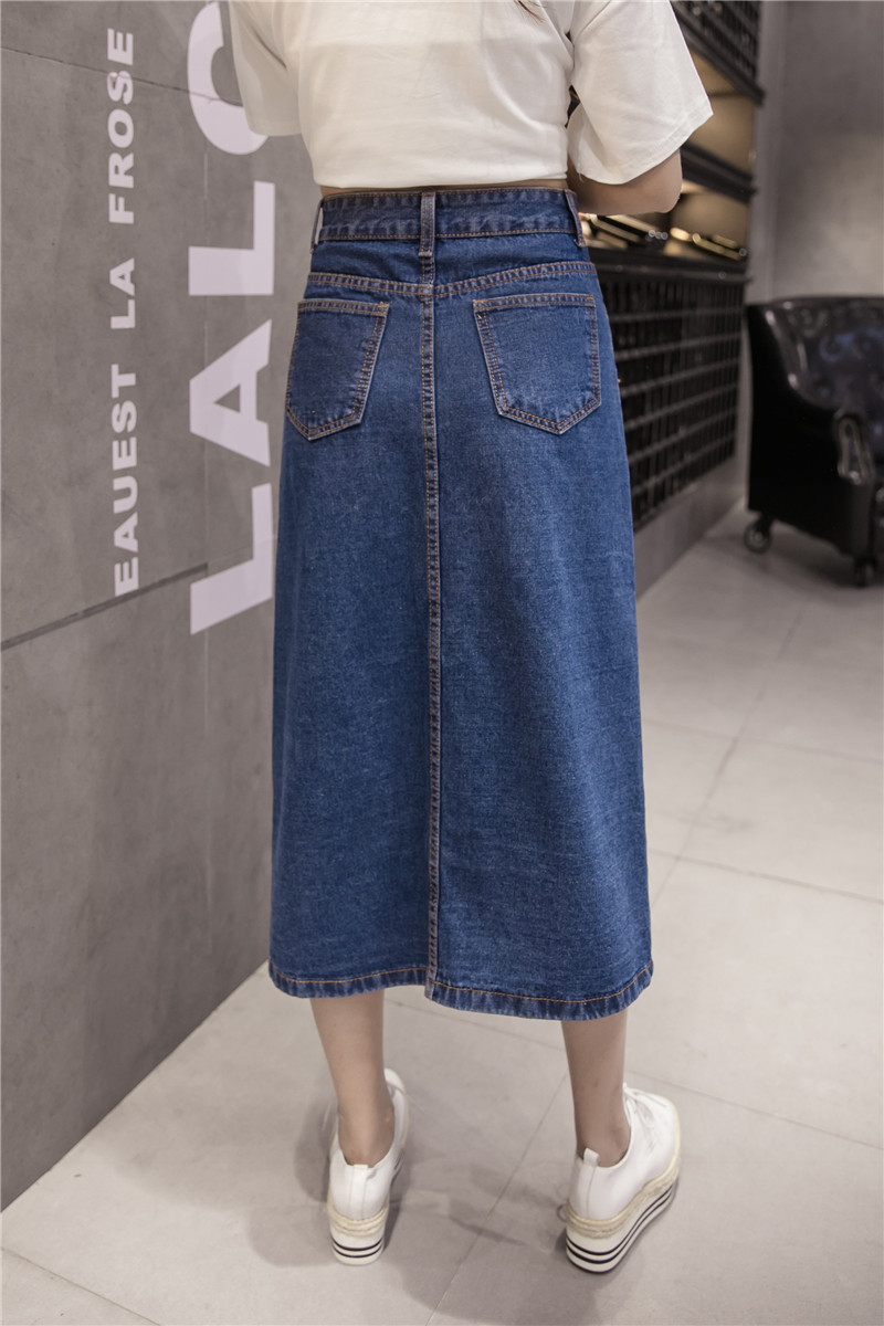 WK7592 Denim Long Skirt Dark Blue