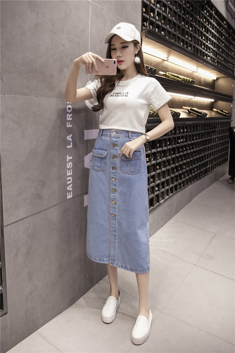 WK7592 Denim Long Skirt Light Blue