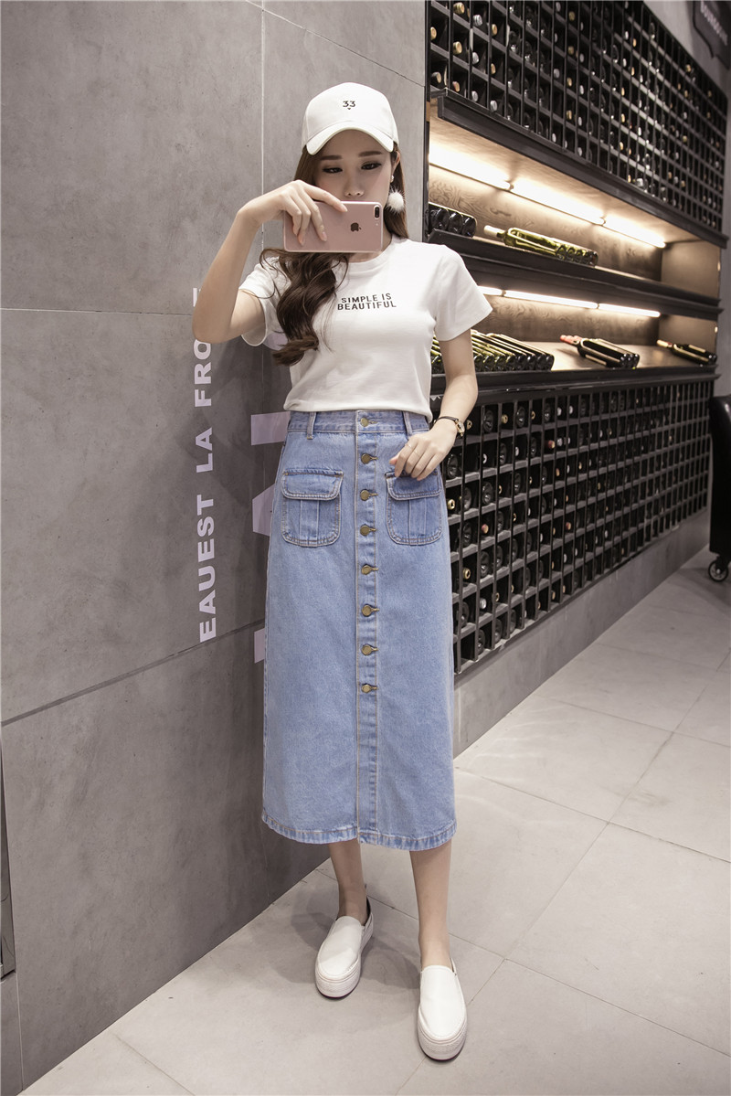 WK7592 Denim Long Skirt Light Blue