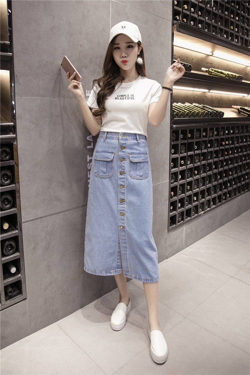 WK7592 Denim Long Skirt Light Blue