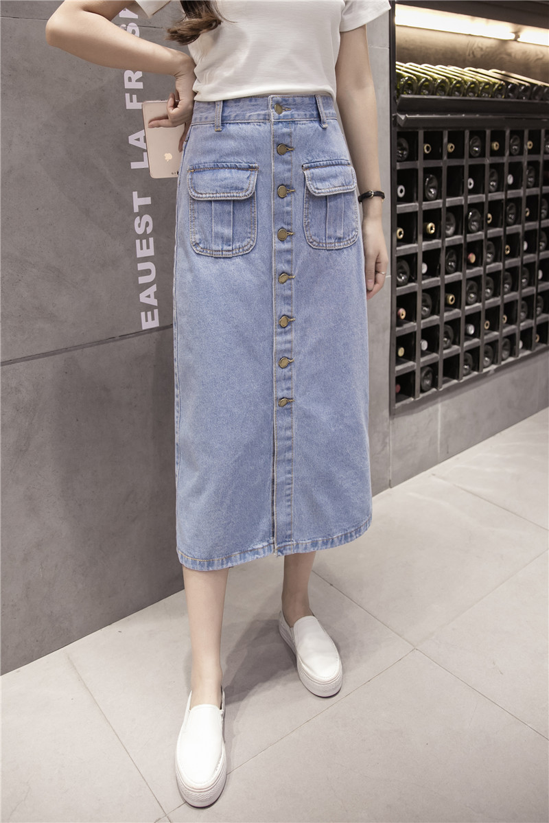 WK7592 Denim Long Skirt Light Blue