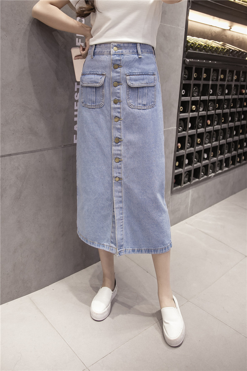 WK7592 Denim Long Skirt Light Blue