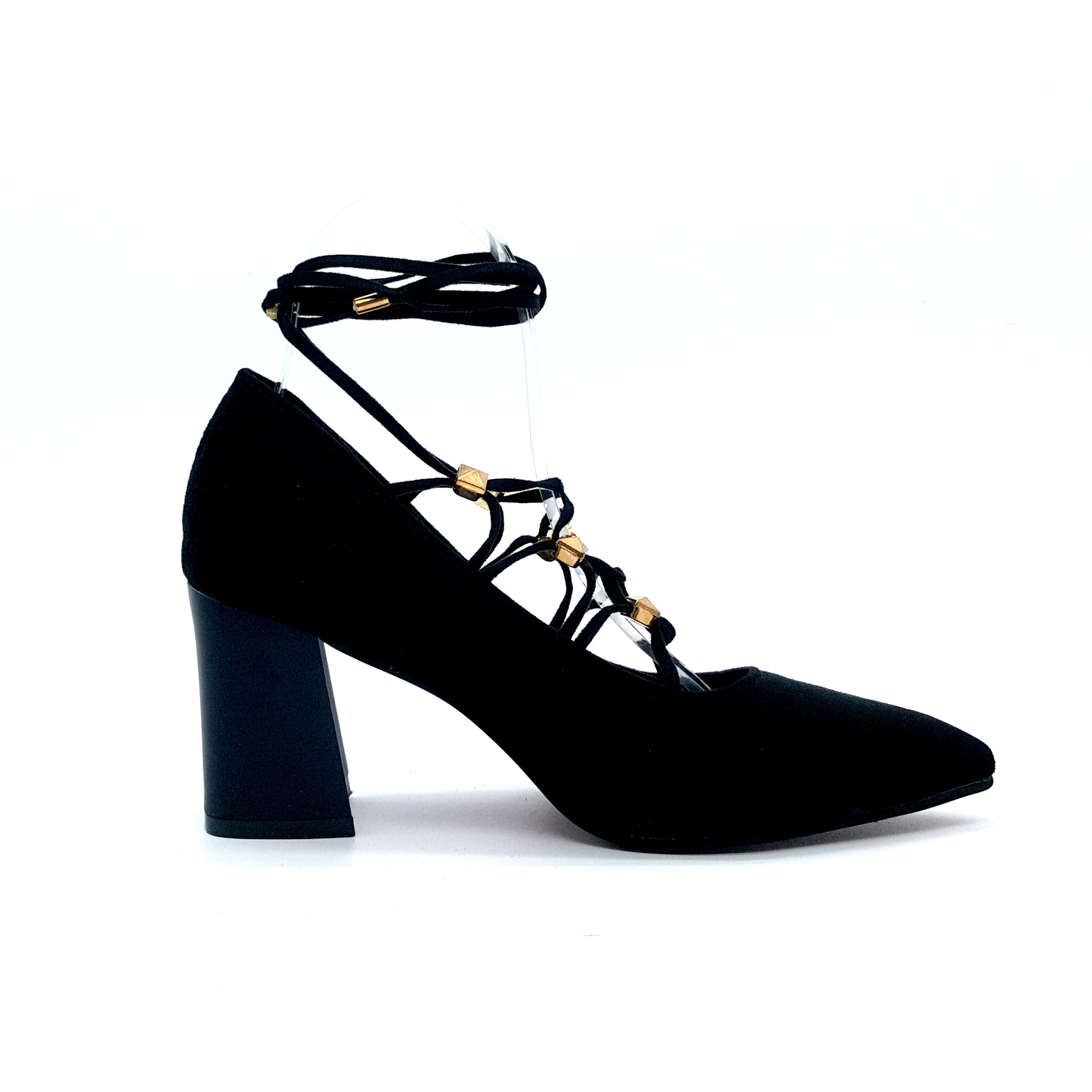 HA039 Tie Up Mid Heels Black