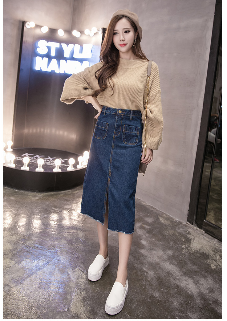 WK3855 Fashion Denim Skirt Dark Blue