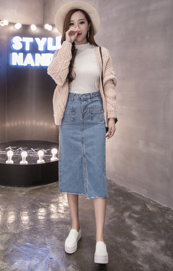 WK3855 Fashion Denim Skirt Light Blue