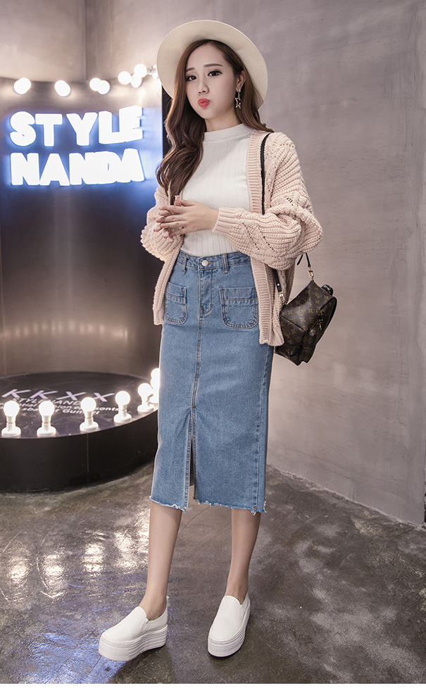 WK3855 Fashion Denim Skirt Light Blue