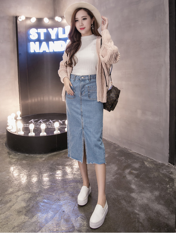 WK3855 Fashion Denim Skirt Light Blue