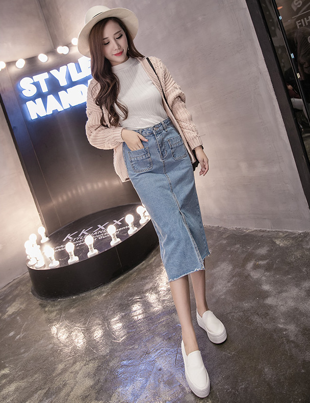 WK3855 Fashion Denim Skirt Light Blue