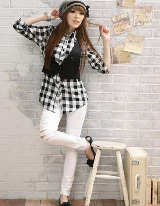 JW5014 Fashion Checker Top with Vest